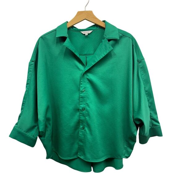 Moussy Green Satin Button-Front Dolman Sleeve Blouse Relaxed Fit One Size - Picture 2 of 7
